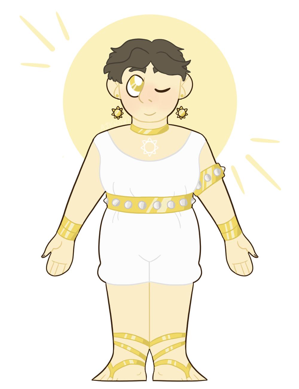 A light-skinned humanoid that's slightly chubby. He has a white romper with shorts, pulled to his waist with a spiky golden belt. A matching arm band is on his right arm, along with gold bracelets on both arms. He's wearing golden sandals and sun earrings. The sun is tattoed on his chest in white. He has short brownish-gray hair and has a warmly smiling expression. His right eye is closed but the left is open, showing its golden color and that his pupil is pure white. A pale yellow circle is in the background behind him, giving off rays like a sun.