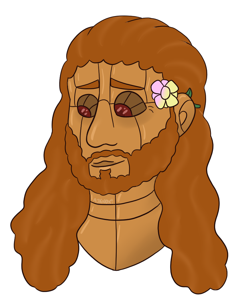 Headshot of a bronze robot with curly, dark reddish hair that goes down to his shoulders. He has a neatly trimmed beard. A multicolored flower is tucked behind his ear, and he wears a kind expression.