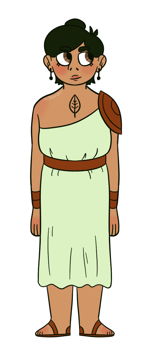 A tan-skinned human with an average build. She has a round face, flat-ish nose, and light brown eyes. She has dark green hair, almost black, that's tied up in a ponytail. She has a tattoo of a leaf on her chest. She has earrings and a white dress brought to her waist by a bronze belt. Her sandals are bronze, as are the bracelets on each wrist and the pauldron on her right shoulder.